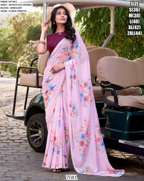 Women's Weightless Marble Floral Printed Saree With Blouse For Festivals And Regular Functions