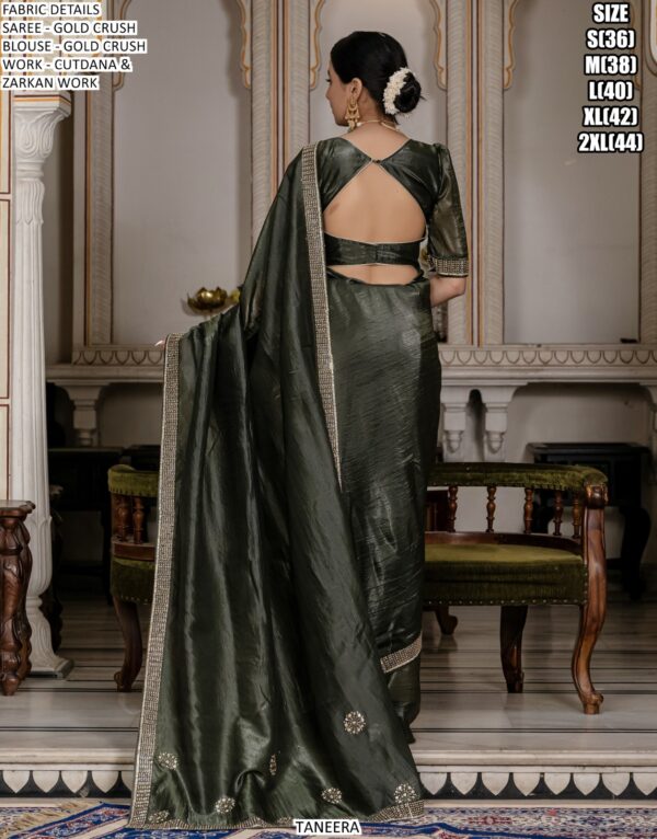 Tissue Gold Crush Sarees With Exquisite Cutdana And Zarkan Hand Embellishment