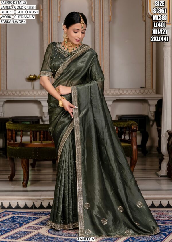 Tissue Gold Crush Sarees With Exquisite Cutdana And Zarkan Hand Embellishment