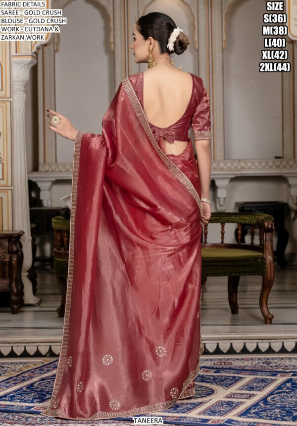 Tissue Gold Crush Sarees With Exquisite Cutdana And Zarkan Hand Embellishment
