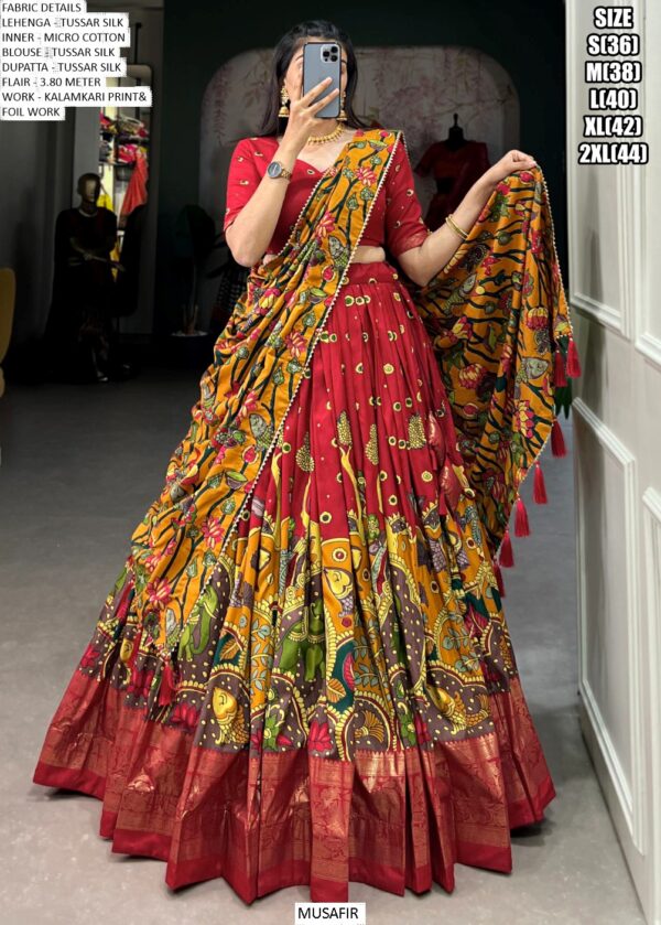 Purchase This Kalamkari Printed Tussar Silk Lehenga Choli For Festivals