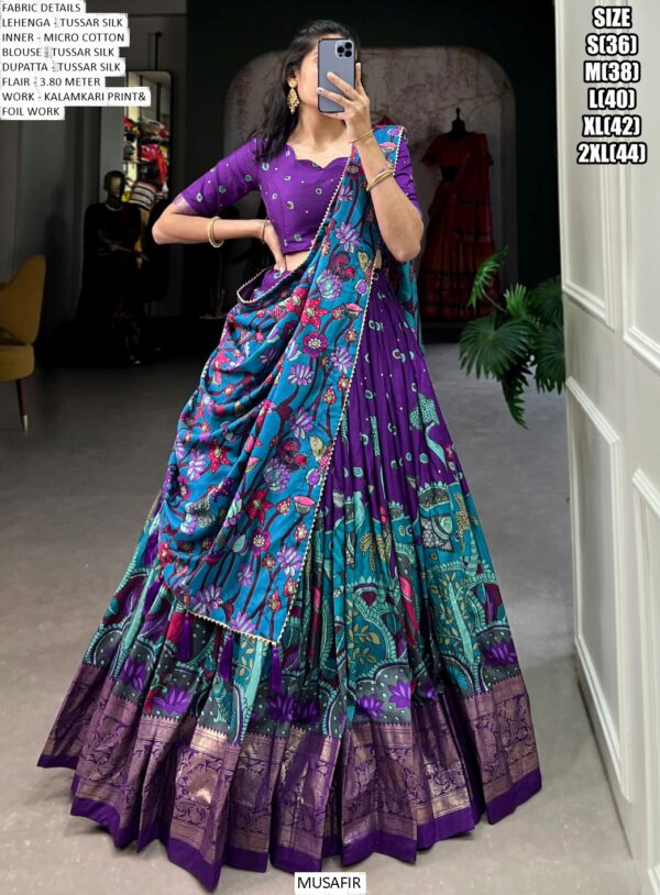 Purchase This Kalamkari Printed Tussar Silk Lehenga Choli For Festivals