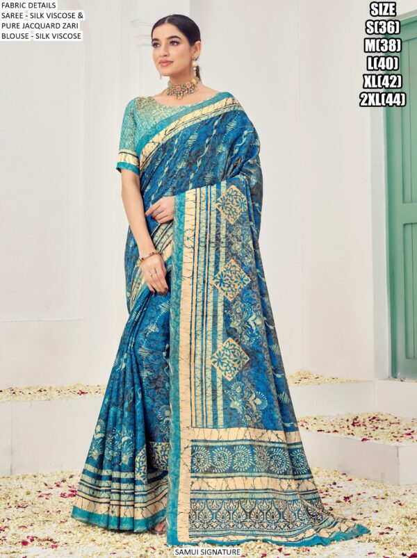Premium Natural Silk Viscose With Pure Jacquard Zari Woven In The Fabric Digital Printed Sarees
