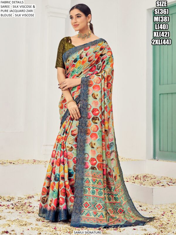 Premium Natural Silk Viscose With Pure Jacquard Zari Woven In The Fabric Digital Printed Sarees