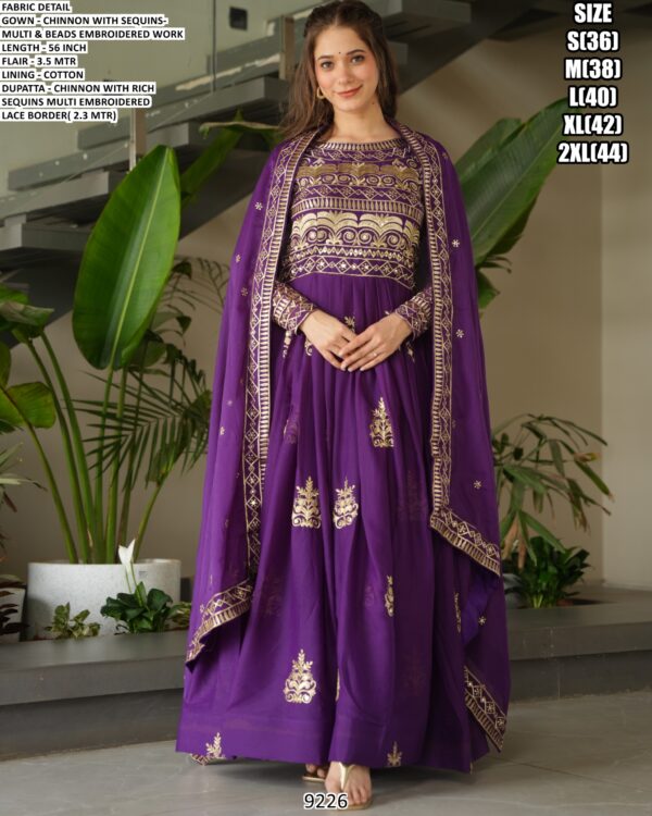 Indian Festival Wear Pure Chinon Sequins-Multi And Beads Embroidered Gown And Dupatta