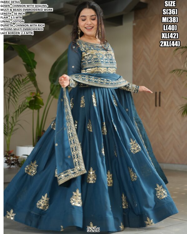 Indian Festival Wear Pure Chinon Sequins-Multi And Beads Embroidered Gown And Dupatta