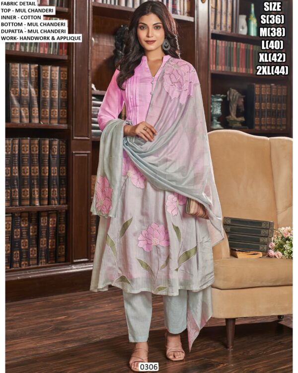 Festive Wear Readymade Mul Chanderi Hand Embroidered Anarkali Kurti Set