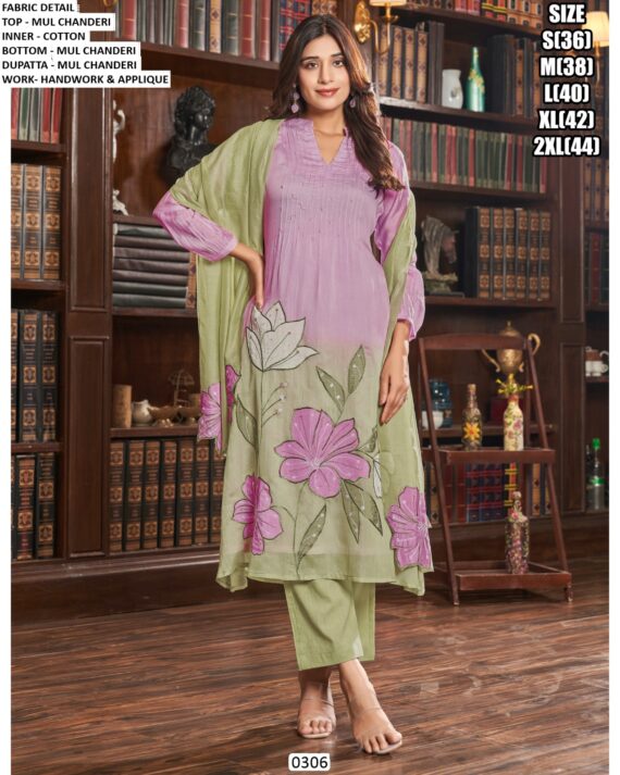 Festive Wear Readymade Mul Chanderi Hand Embroidered Anarkali Kurti Set