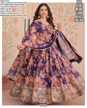 Floral Designer Russian Silk Embroidered Gown Set With Dupatta - Two Colours