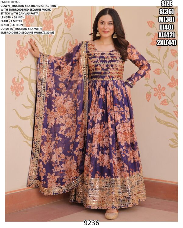 Floral Designer Russian Silk Embroidered Gown Set With Dupatta - Two Colours