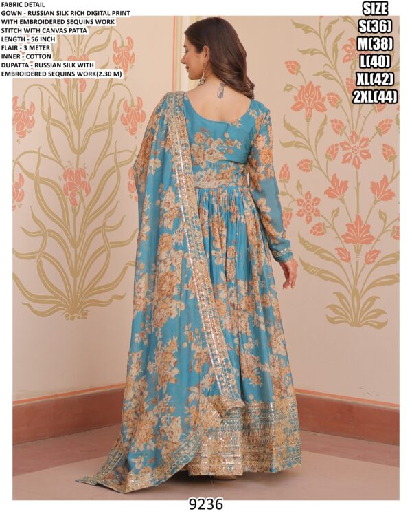 Floral Designer Russian Silk Embroidered Gown Set With Dupatta - Two Colours