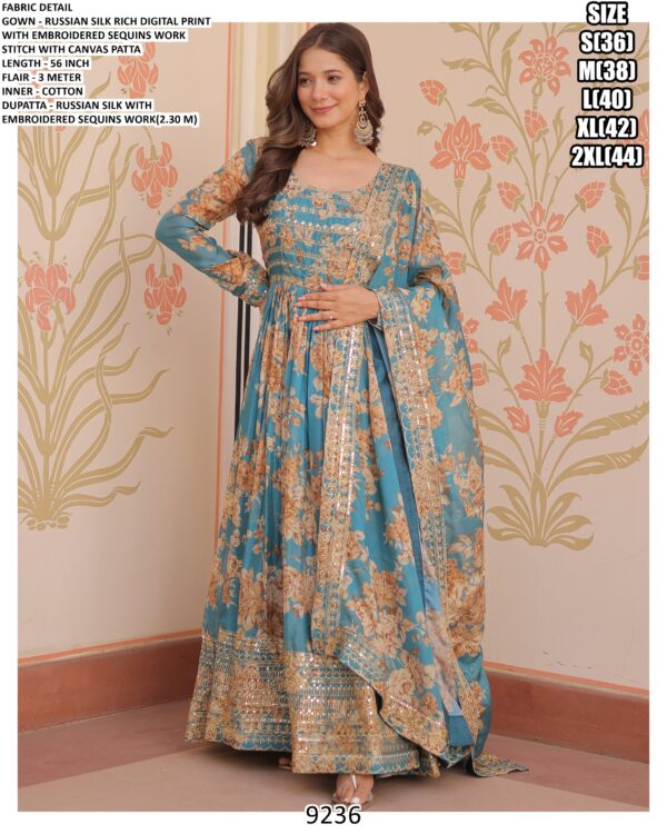 Floral Designer Russian Silk Embroidered Gown Set With Dupatta - Two Colours