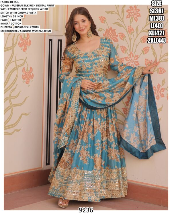 Floral Designer Russian Silk Embroidered Gown Set With Dupatta - Two Colours