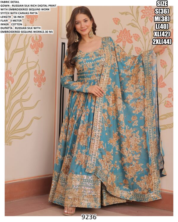 Floral Designer Russian Silk Embroidered Gown Set With Dupatta - Two Colours