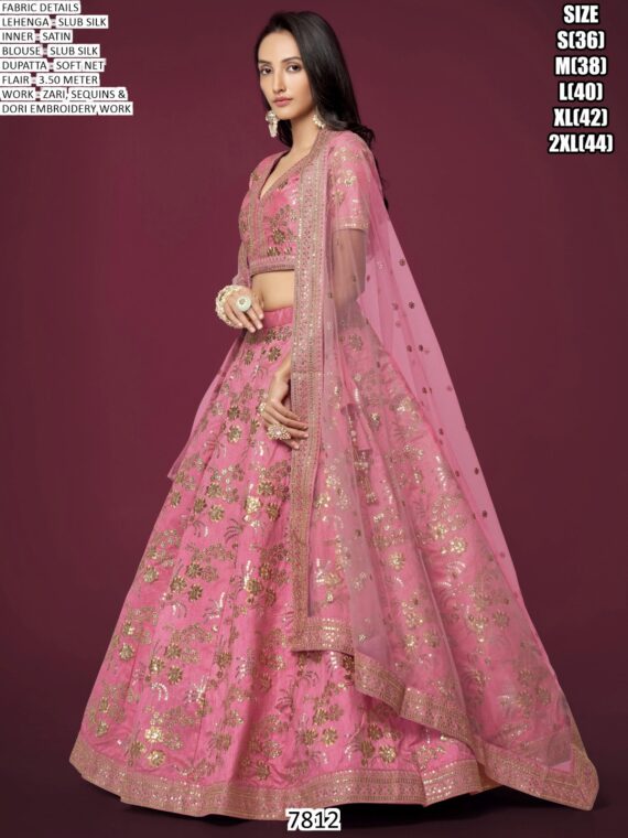 Bewitching Light Pink Embroidered Slub Silk Reception Wear Semi-Stitched Lehenga Choli
