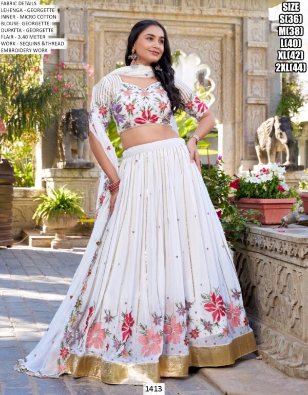 White Georgette Floral Designer Sequins And Thread Embroidered Lehenga Choli