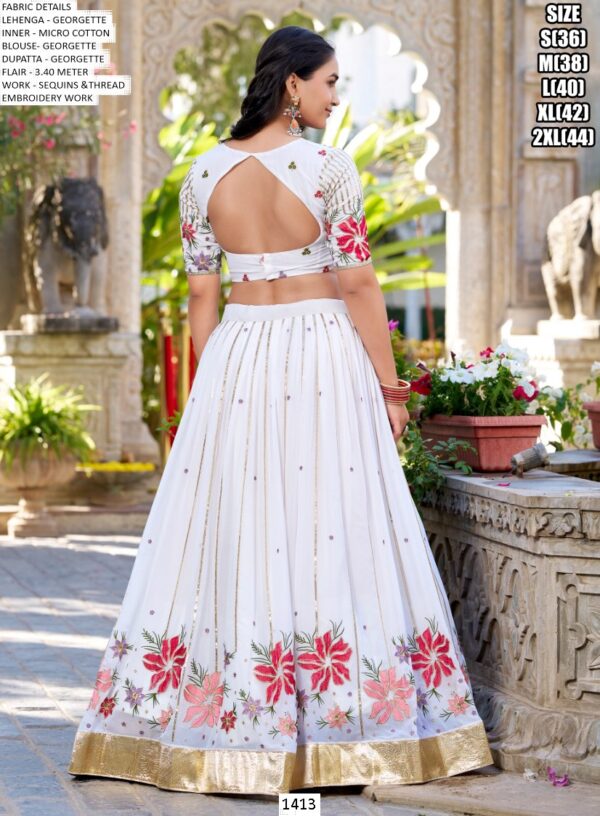 White Georgette Floral Designer Sequins And Thread Embroidered Lehenga Choli