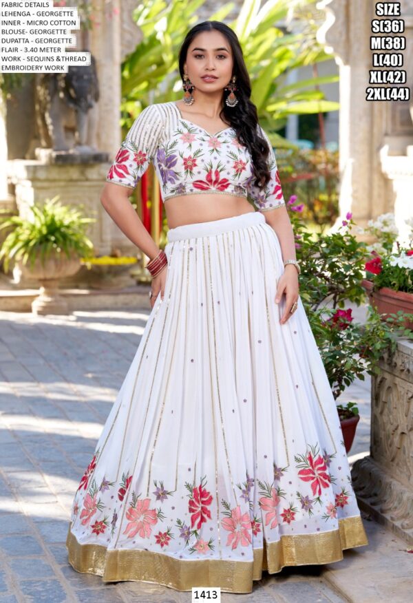 White Georgette Floral Designer Sequins And Thread Embroidered Lehenga Choli