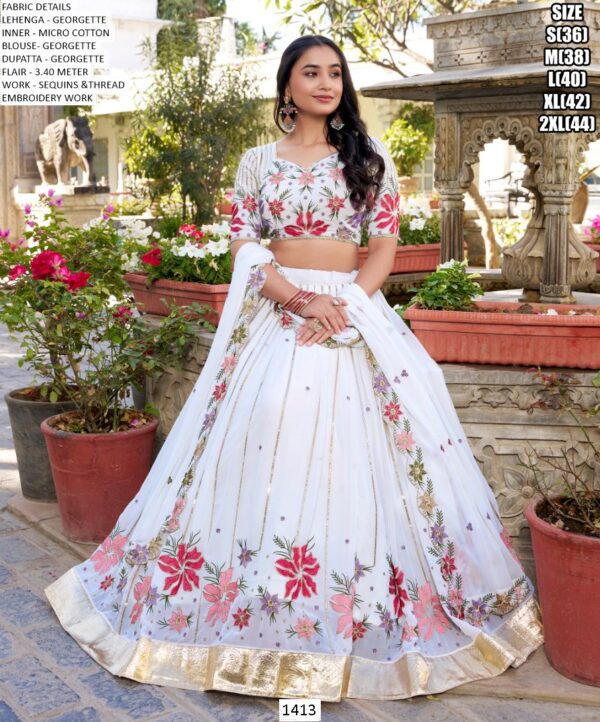 White Georgette Floral Designer Sequins And Thread Embroidered Lehenga Choli