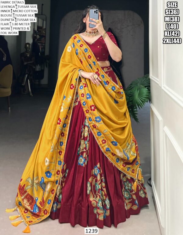 Festival Special Tussar Silk Printed And Foil Work Lehenga Choli With Dupatta