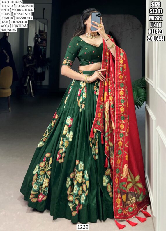 Festival Special Tussar Silk Printed And Foil Work Lehenga Choli With Dupatta
