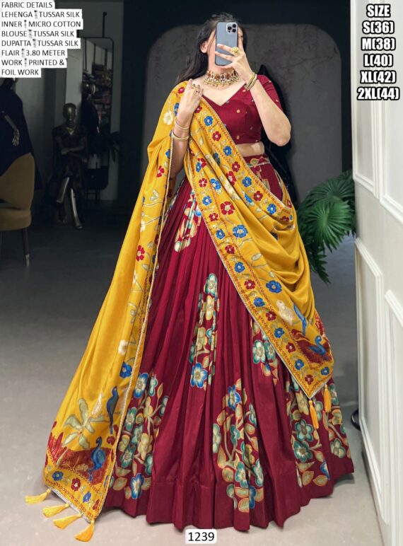Festival Special Tussar Silk Printed And Foil Work Lehenga Choli With Dupatta