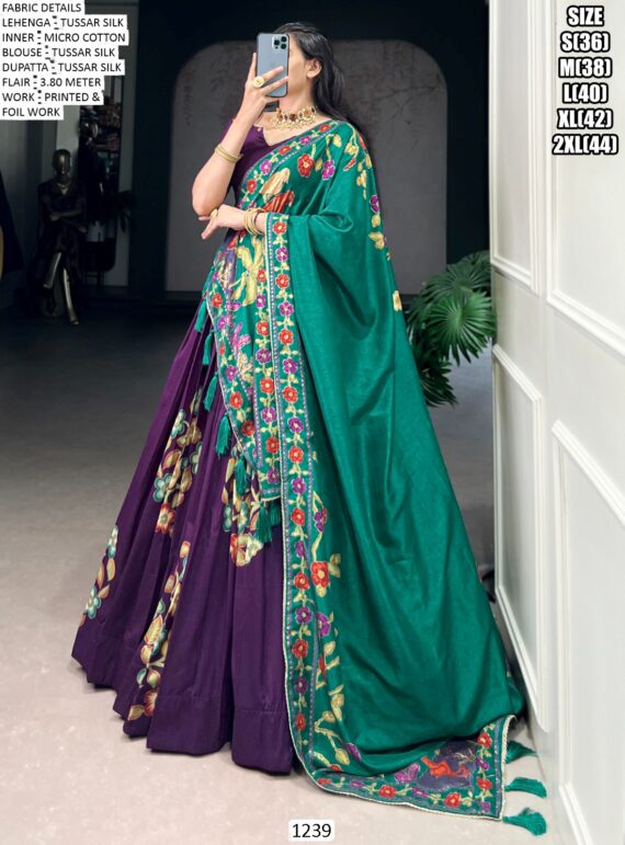 Festival Special Tussar Silk Printed And Foil Work Lehenga Choli With Dupatta