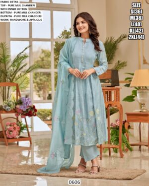 Baby Blue Pure Mul Chanderi Hand Work And Applique Kurti-Pant Set