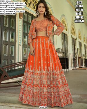 Heavy Embroidery Designer Chinon Wedding Lehenga Choli With Koti (Sets Of Two)