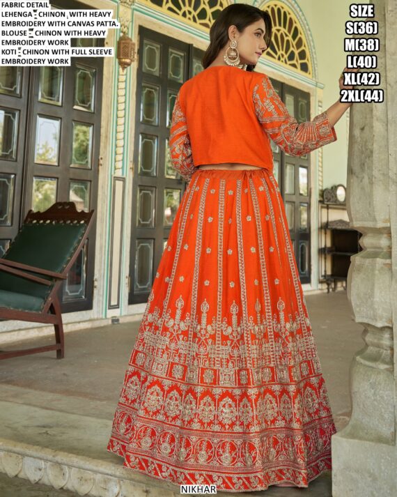 Heavy Embroidery Designer Chinon Wedding Lehenga Choli With Koti (Sets Of Two)