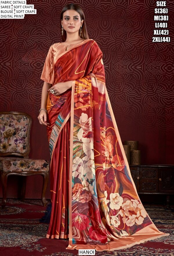 Party Wear Multicolour Digital Printed Soft Crape Saree Collection 2025