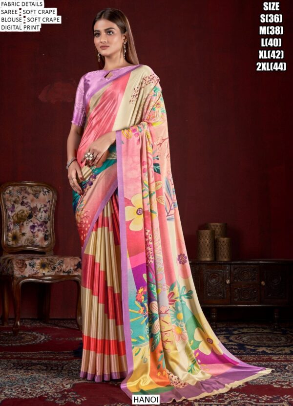Party Wear Multicolour Digital Printed Soft Crape Saree Collection 2025