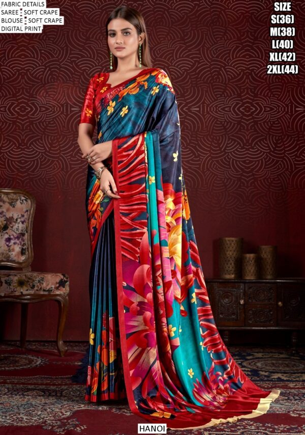Party Wear Multicolour Digital Printed Soft Crape Saree Collection 2025