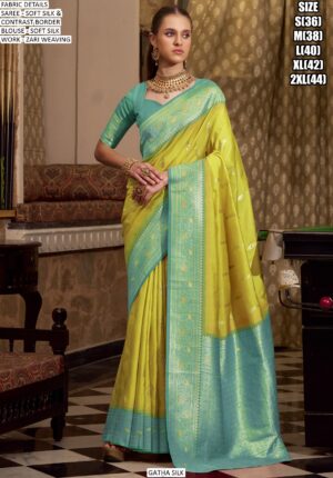 Weaved Zari Soft Silk Contrast Bordered Wedding Wear Saree With Blouse