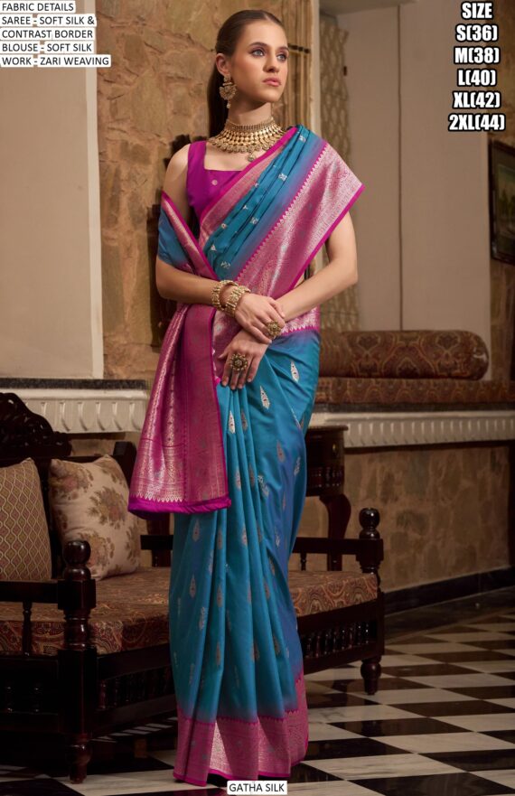 Weaved Zari Soft Silk Contrast Bordered Wedding Wear Saree With Blouse