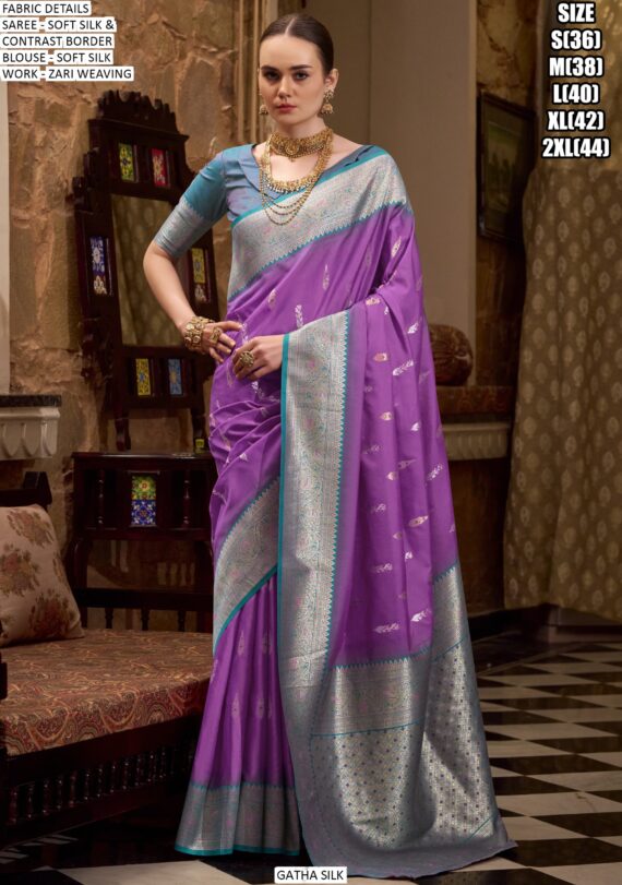 Weaved Zari Soft Silk Contrast Bordered Wedding Wear Saree With Blouse