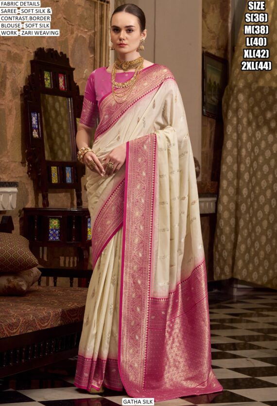 Weaved Zari Soft Silk Contrast Bordered Wedding Wear Saree With Blouse