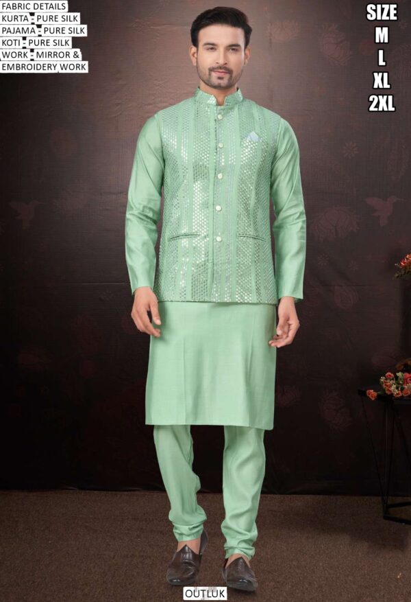 Mirror And Embroidered Modi Jacket With Plain Silk Kurta Pajama For Weddings