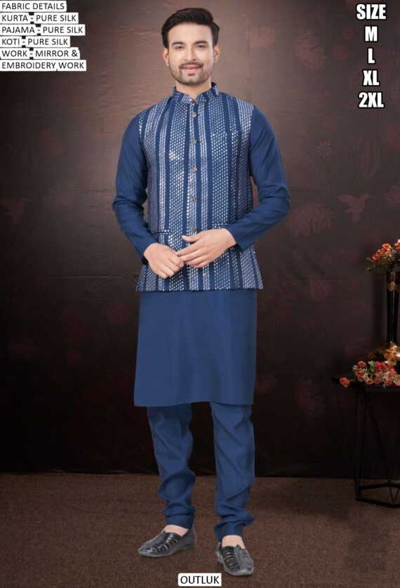 Mirror And Embroidered Modi Jacket With Plain Silk Kurta Pajama For Weddings