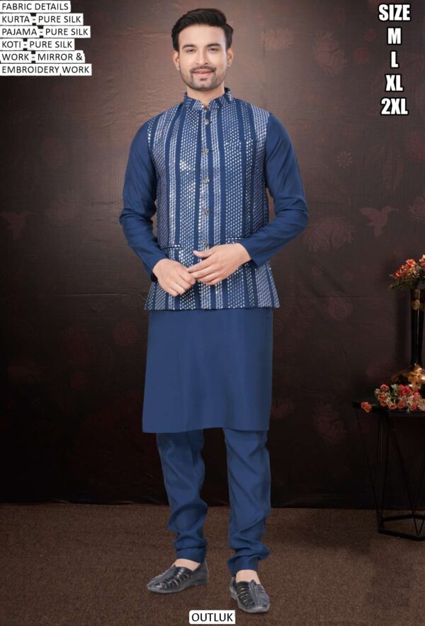 Mirror And Embroidered Modi Jacket With Plain Silk Kurta Pajama For Weddings