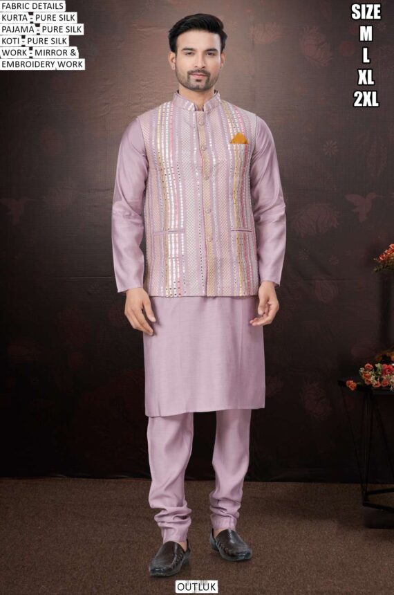 Mirror And Embroidered Modi Jacket With Plain Silk Kurta Pajama For Weddings
