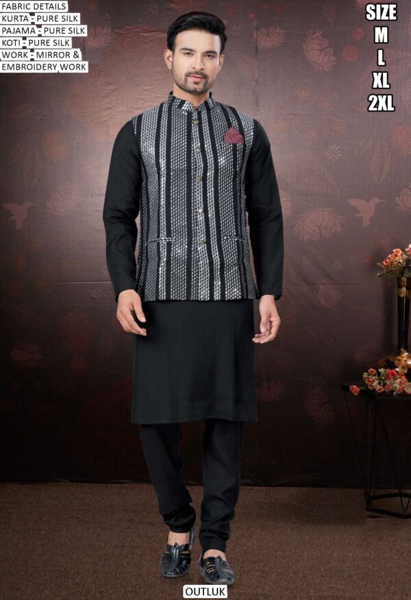 Mirror And Embroidered Modi Jacket With Plain Silk Kurta Pajama For Weddings