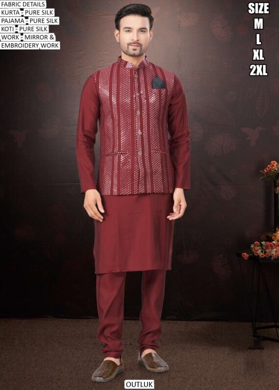 Mirror And Embroidered Modi Jacket With Plain Silk Kurta Pajama For Weddings