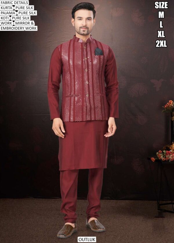Mirror And Embroidered Modi Jacket With Plain Silk Kurta Pajama For Weddings