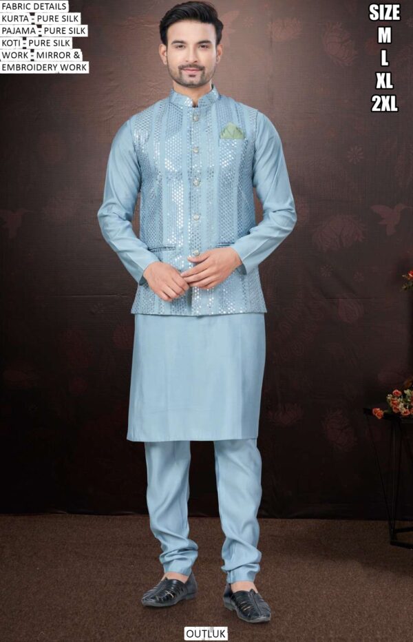 Mirror And Embroidered Modi Jacket With Plain Silk Kurta Pajama For Weddings