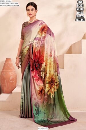 Digital Printed Daily Wear Crepe Soft Silk Saree With Blouse Piece
