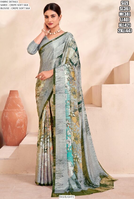 Digital Printed Daily Wear Crepe Soft Silk Saree With Blouse Piece