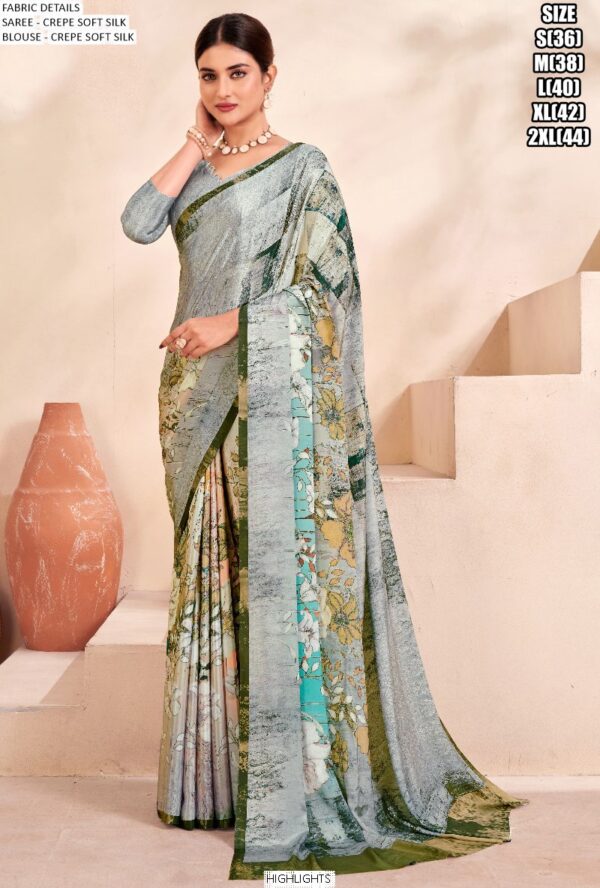 Digital Printed Daily Wear Crepe Soft Silk Saree With Blouse Piece