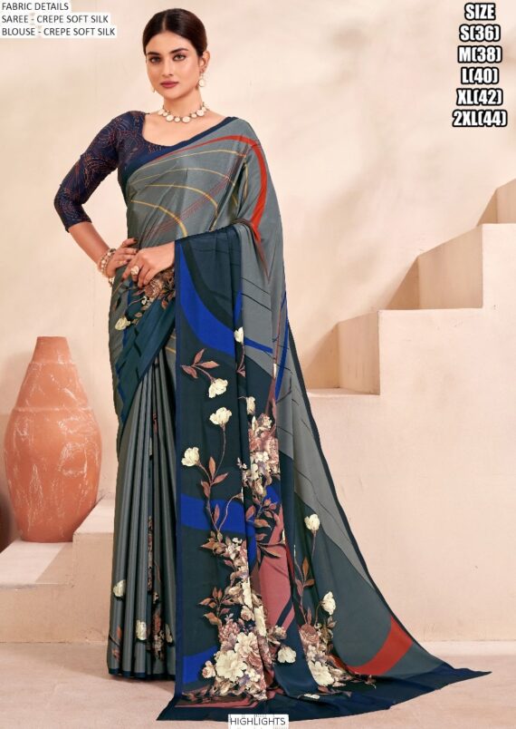 Digital Printed Daily Wear Crepe Soft Silk Saree With Blouse Piece