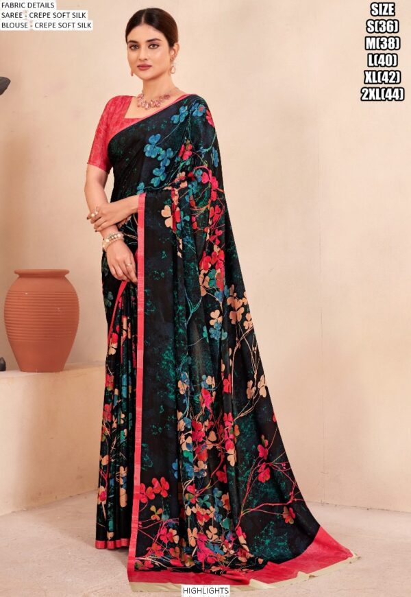 Digital Printed Daily Wear Crepe Soft Silk Saree With Blouse Piece